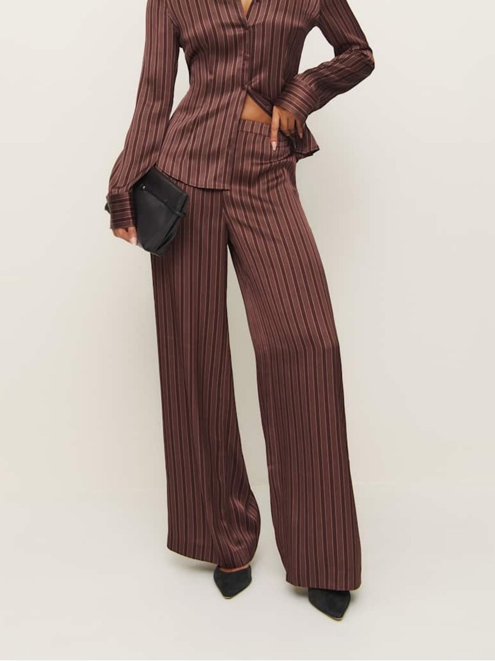 NWOT Reformation Norah Wide-Leg Satin Pant in Brown with Pinstripes Size S - Picture 4 of 9